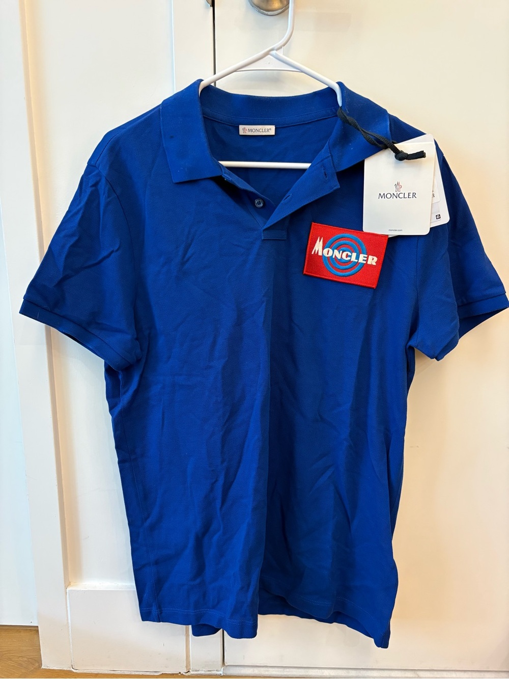 Moncler Men's Bright Blue Polo with Red Logo Patch